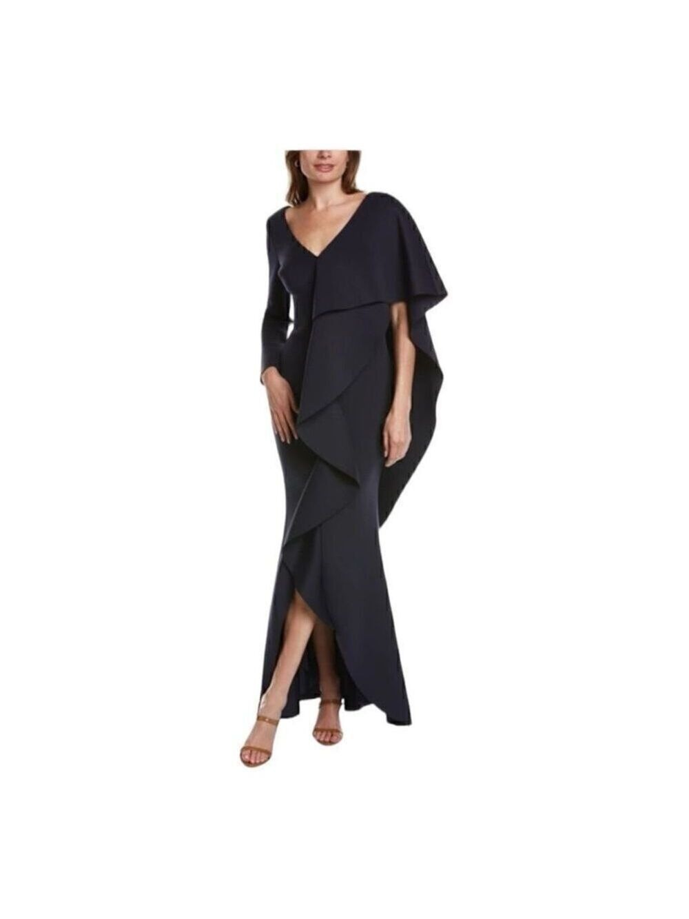 Badgley Mischka Navy Blue Asymmetric Ruffle Gown Size 2